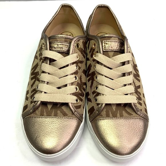Michael Kors Signature Sneakers Gold size 7 Lace Up Logo Print HX16F - Picture 2 of 10